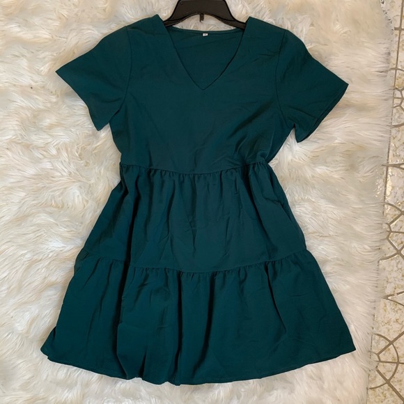 Teal v neck tiered flouncy shift dress small - Picture 4 of 9